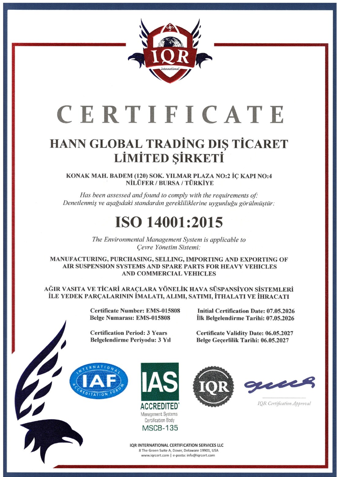 HANN ISO 14001:2015 sertifikası