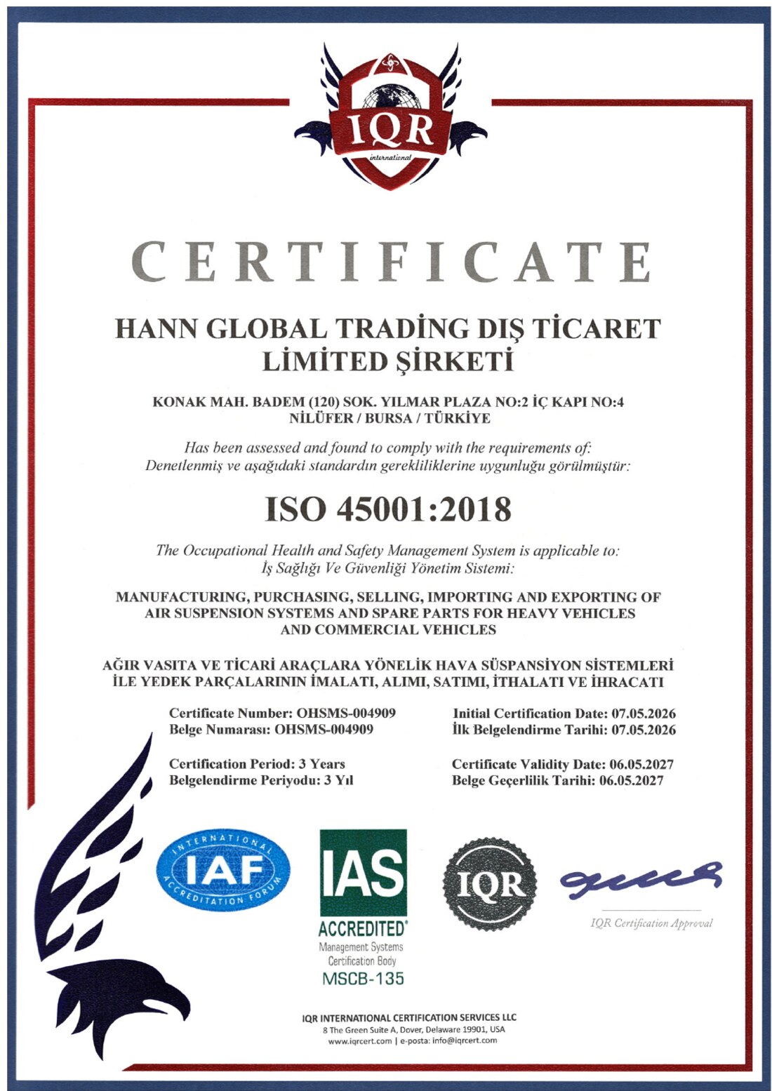 HANN ISO 45001:2018 sertifikası