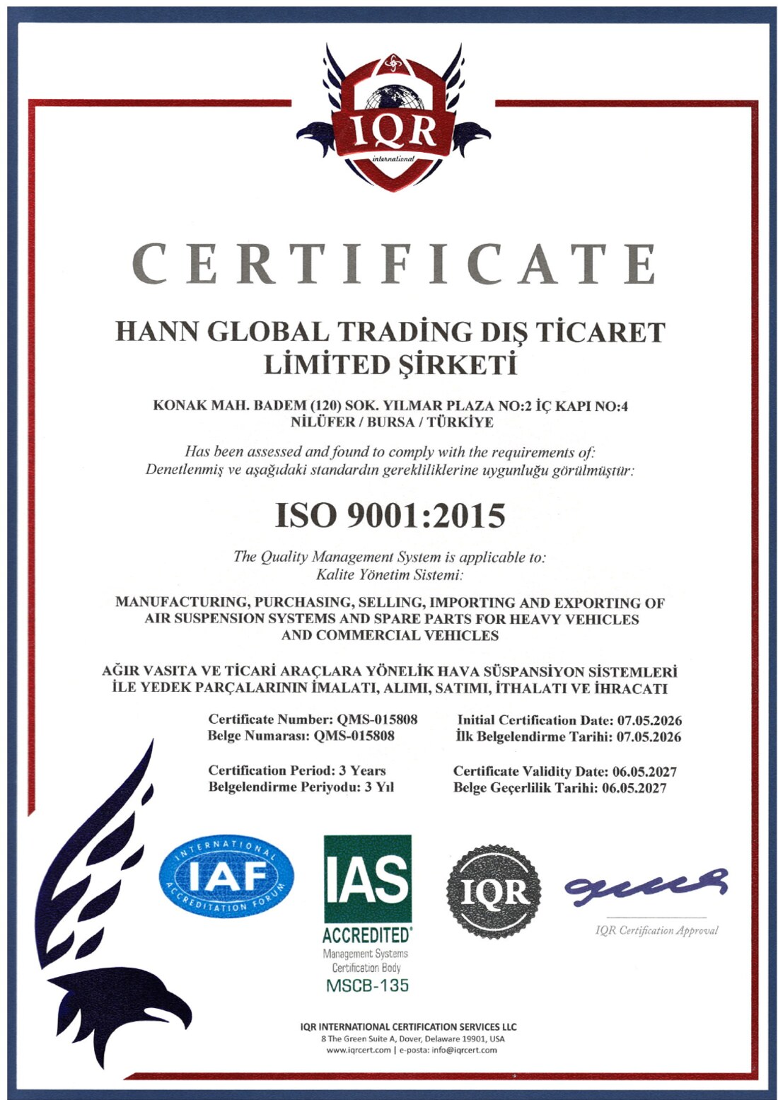 HANN ISO 9001:2015 sertifikası